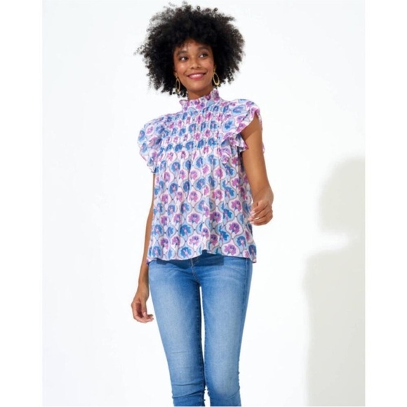Oliphant Pintuck Ruffle Floral Top, Iris Blue Large - Picture 3 of 10